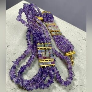 Amethyst Multi Strand Choker Necklace & Bracelet Set Mosaic Agate 161g Stunning